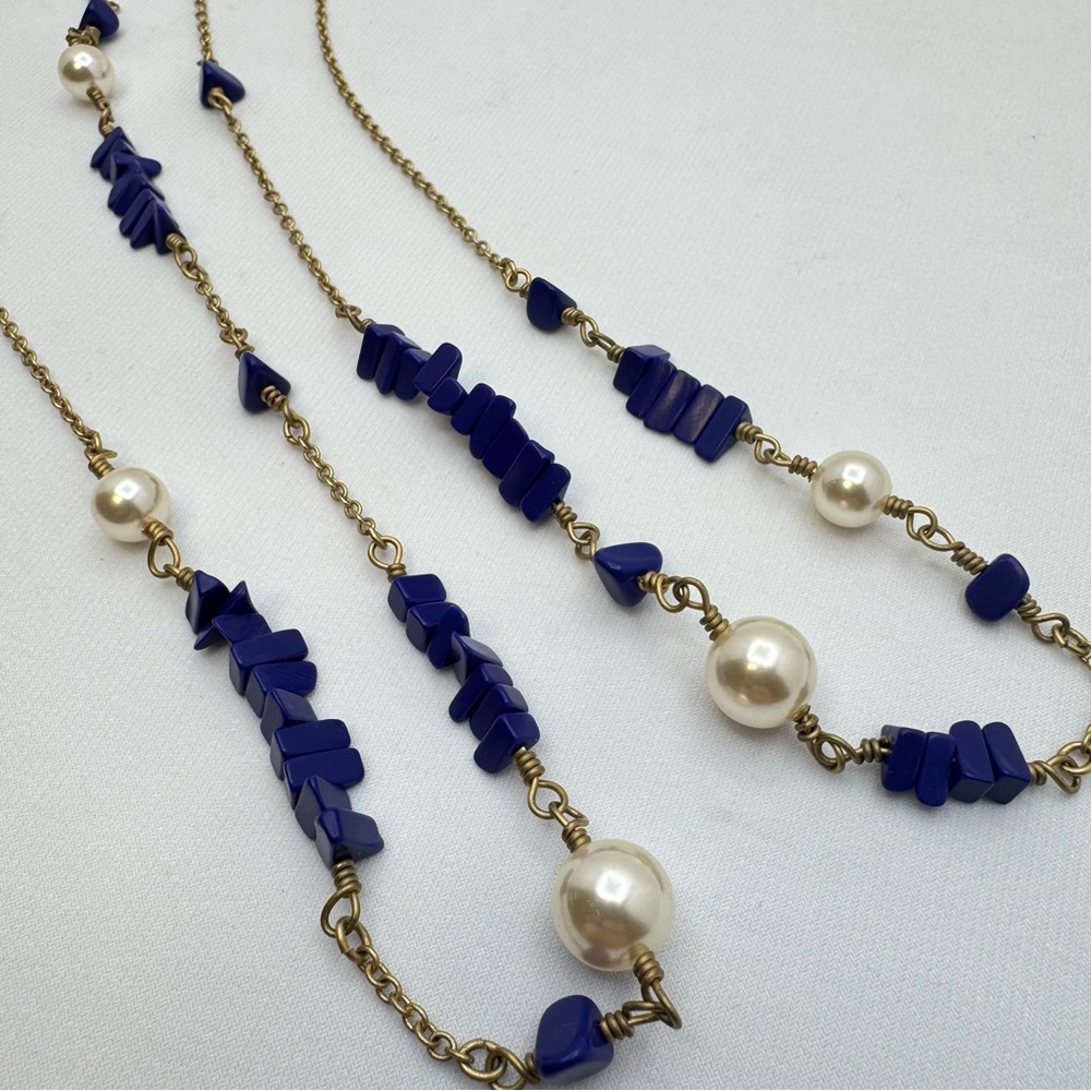 J.Crew Blue Beaded Pearl Long Necklace Gold Tone Chain 35.5”